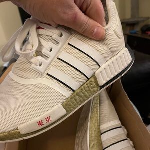 Mens Adidas__NMD_R1 size 10.5 fits 11 all white with gold soles and Chinese kind